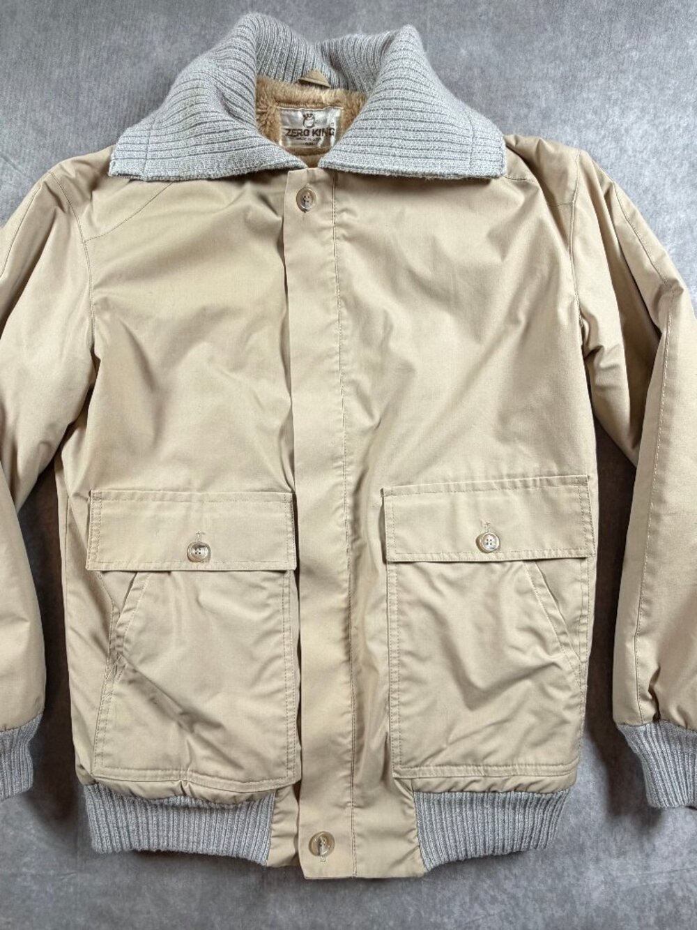 Vintage Zero King USA Beige Sherpa Lined Jacket 40L Rib Knit Collar